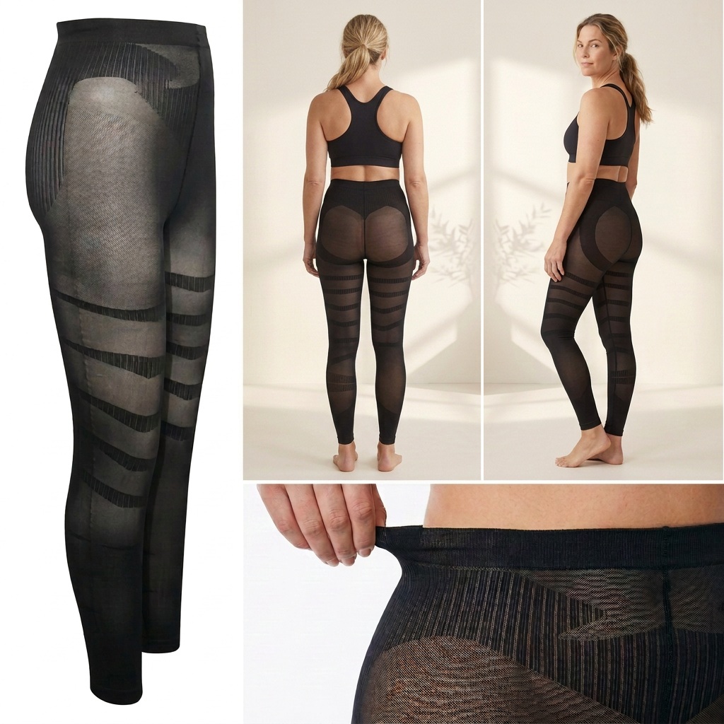 Indoor collage showing the patterned leggings from behind and from the opposite side