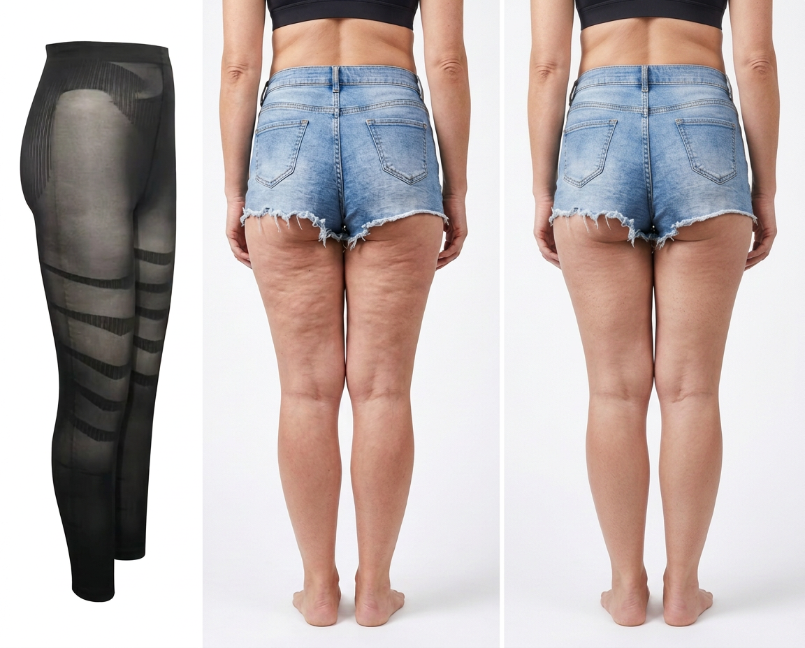 Illustrative edited comparison: the same woman wears denim shorts in both rear views, with natural skin texture on the left and digitally smoothed skin on the right