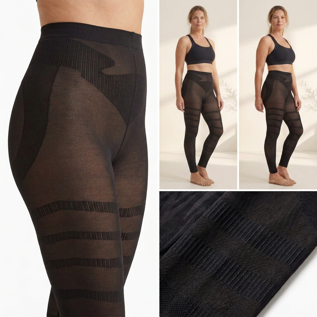Indoor collage of the same black high-waisted patterned leggings from two angles and a fabric detail