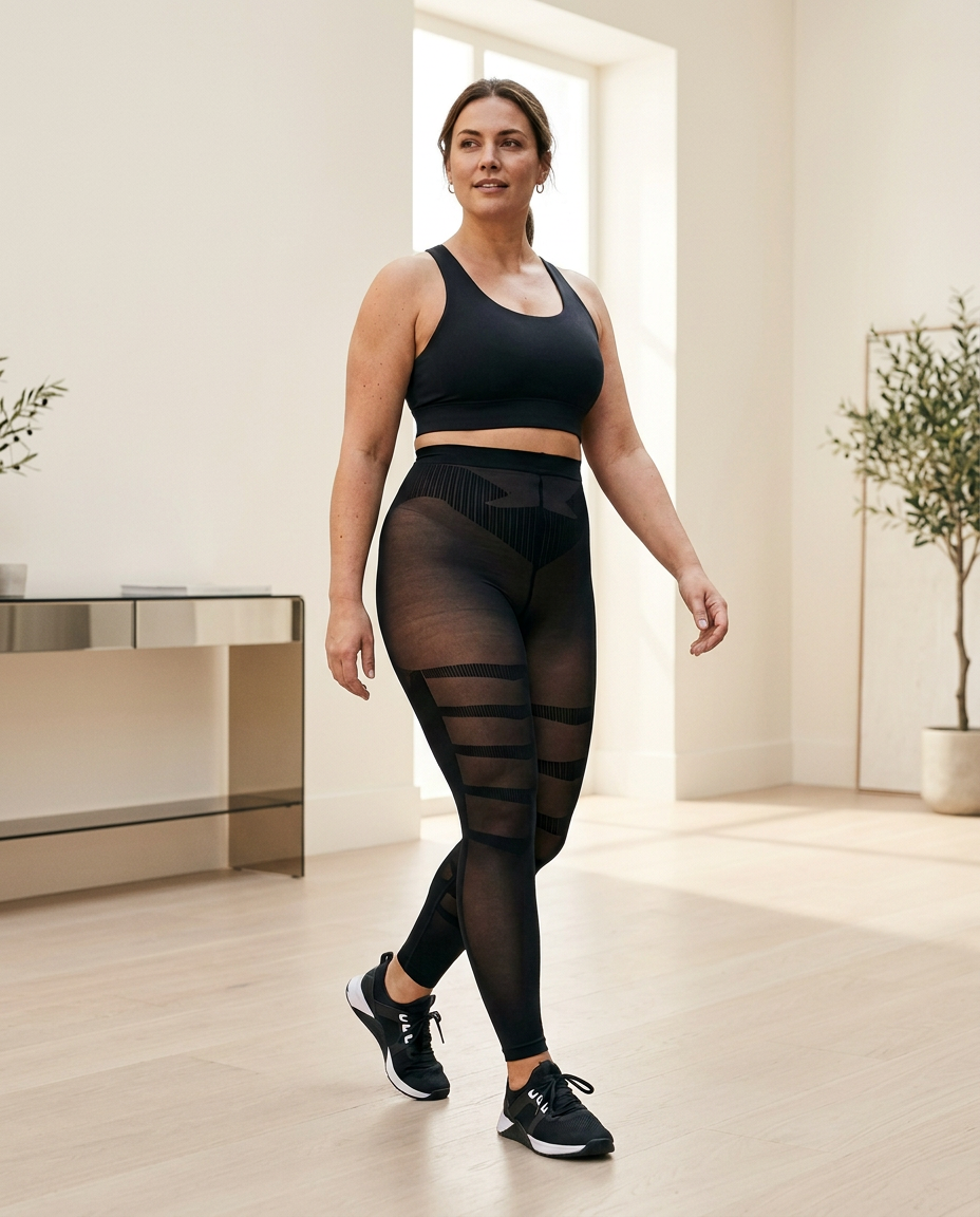Woman wearing the black patterned leggings while walking indoors